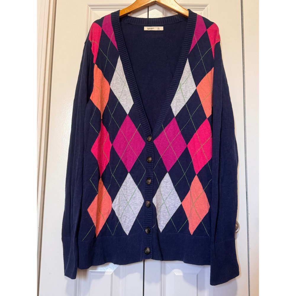 Old Navy Argyle Cardigan Sweater Navy Blue Pink Orange XL Preppy Academia Y2K